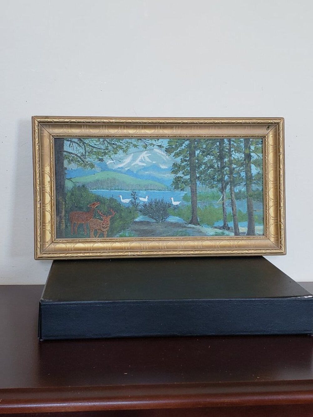 Naive Painting untitled "Ducks on Lake, Deer in Foreground" acrylic on board
